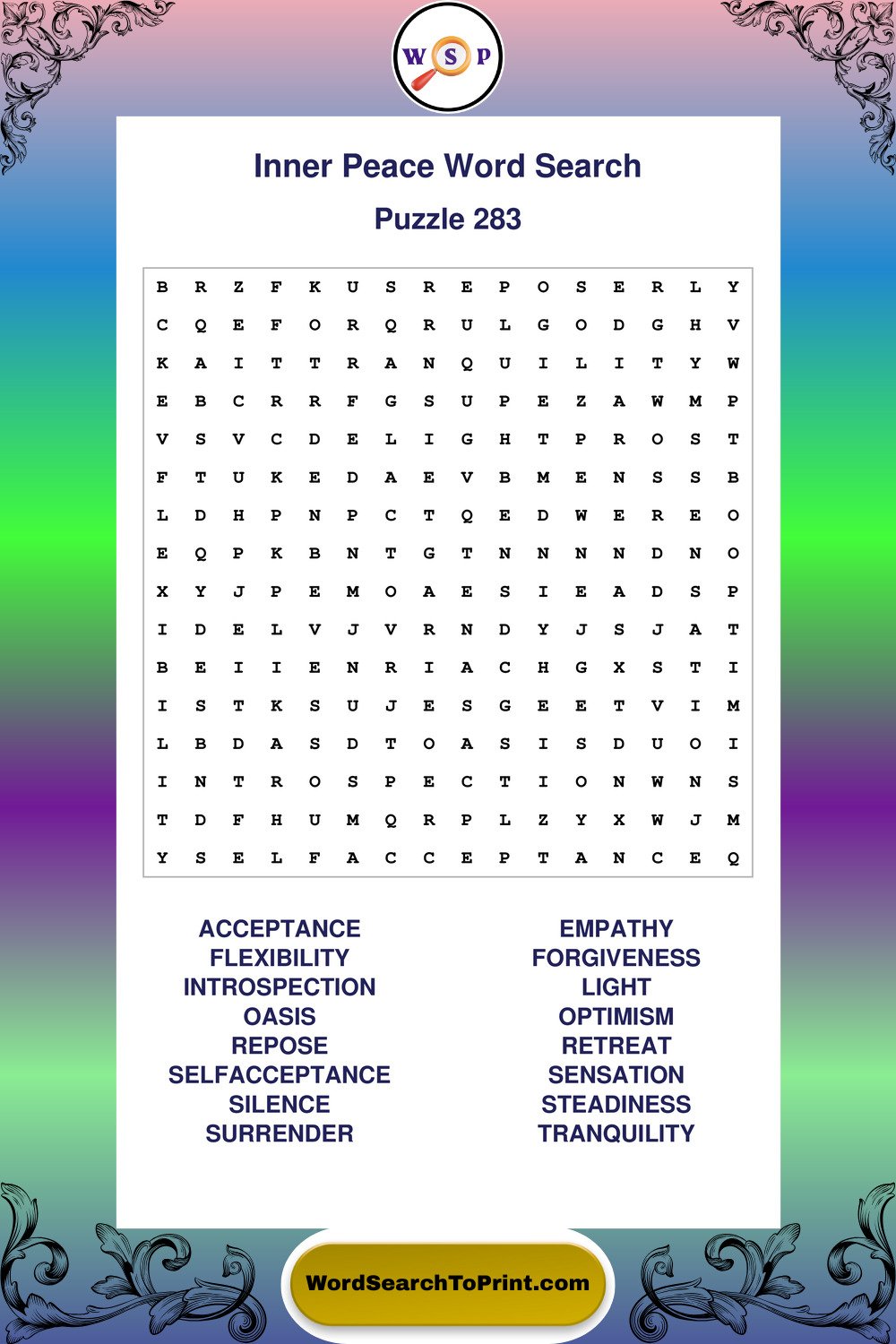 Inner Peace Word Search Puzzle 283