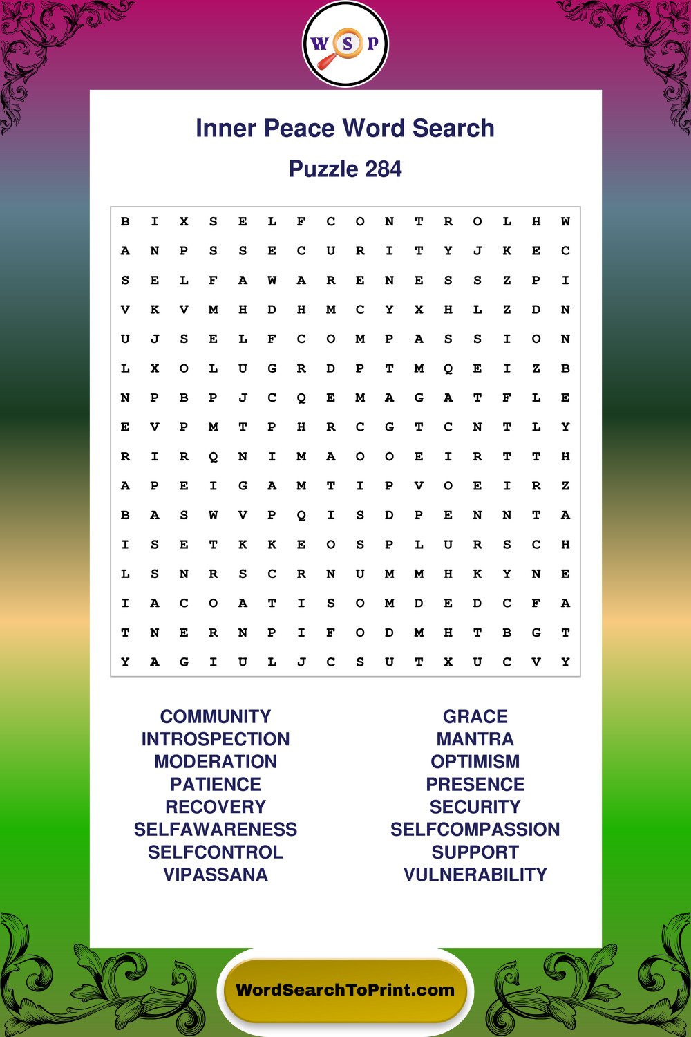 Inner Peace Word Search Puzzle 284