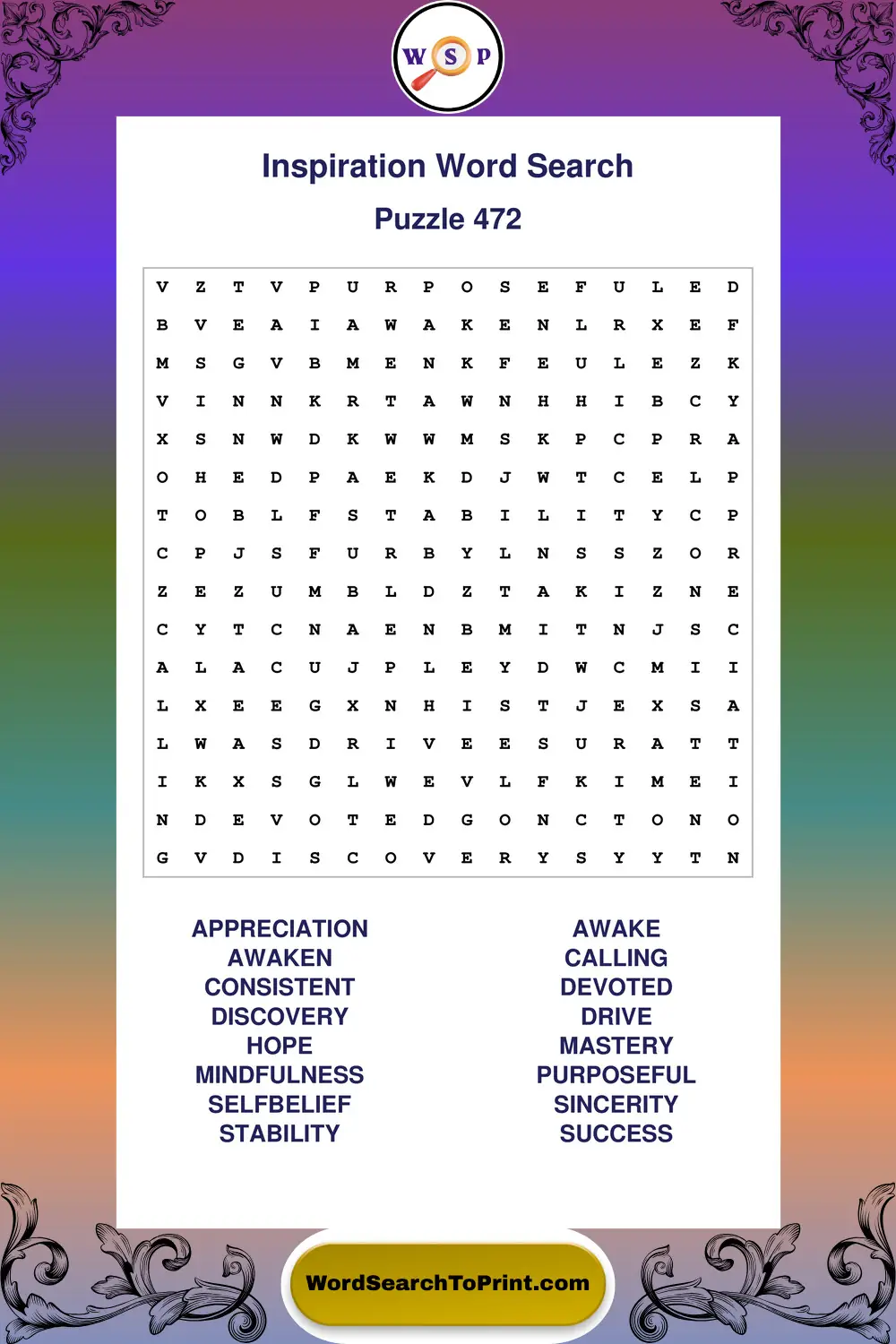 Inspiration Word Search Puzzle 472