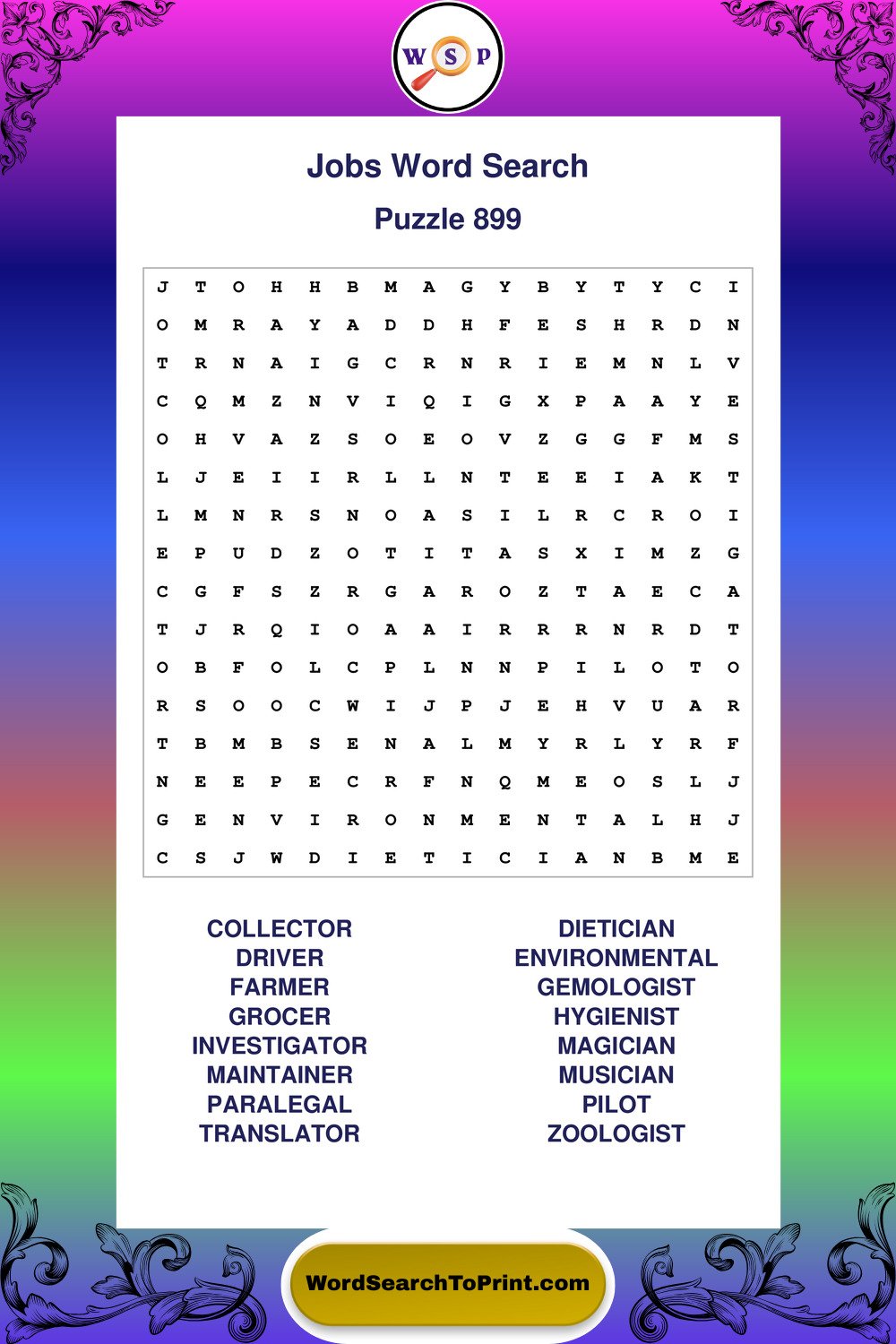 Jobs Word Search Puzzle 899