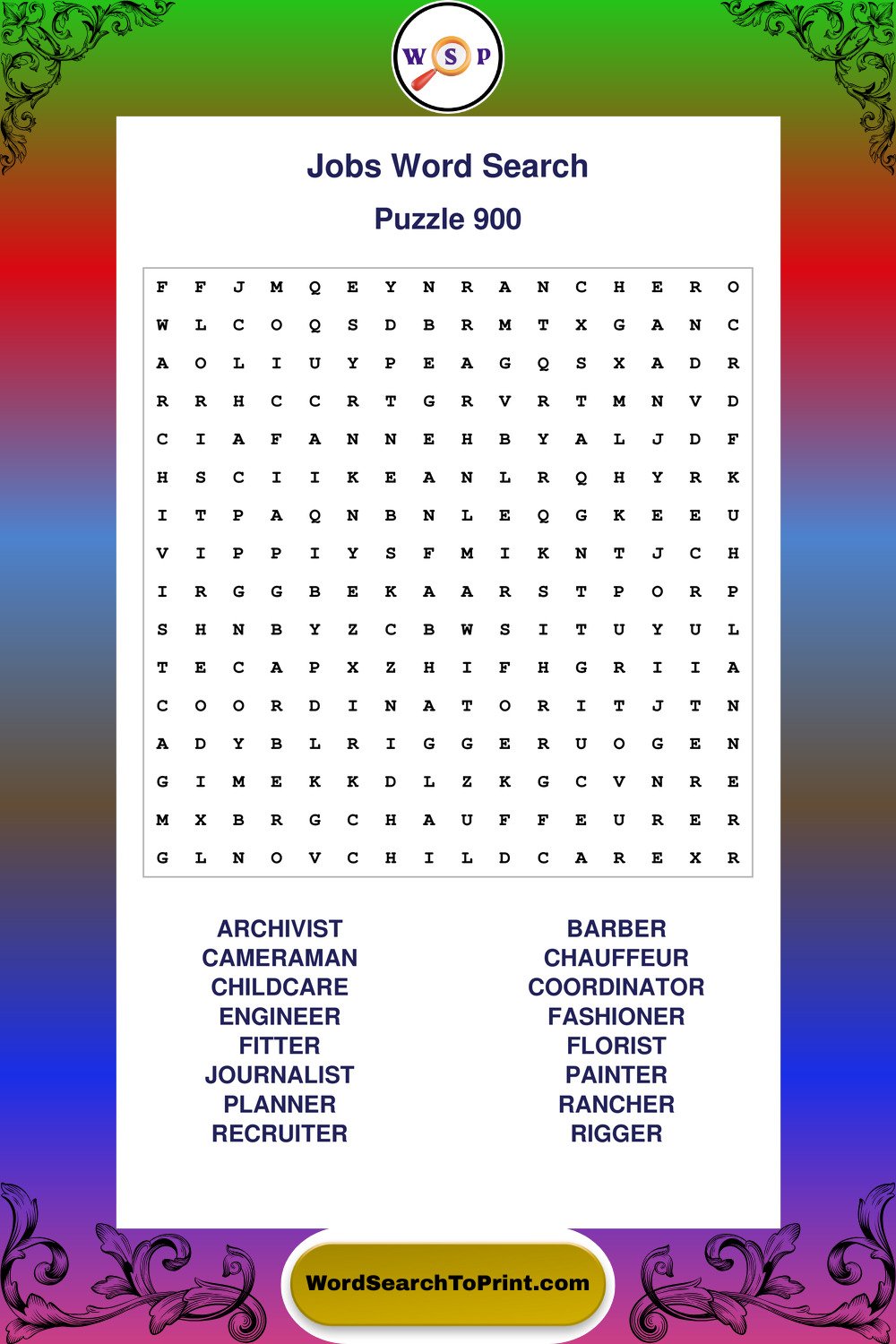 Jobs Word Search Puzzle 900