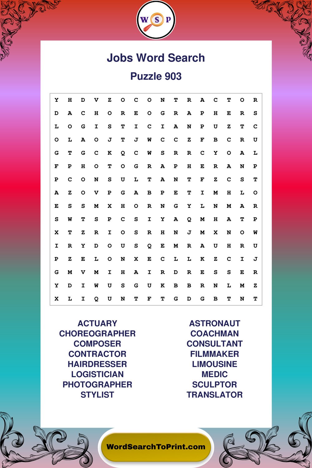Jobs Word Search Puzzle 903