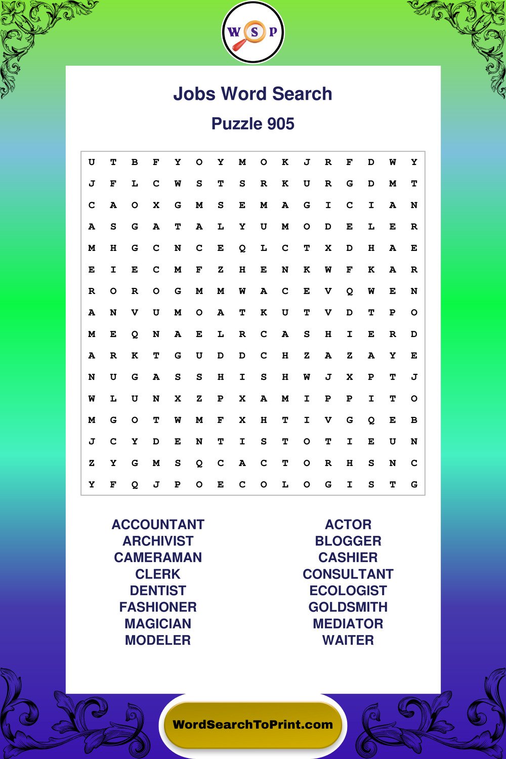 Jobs Word Search Puzzle 905