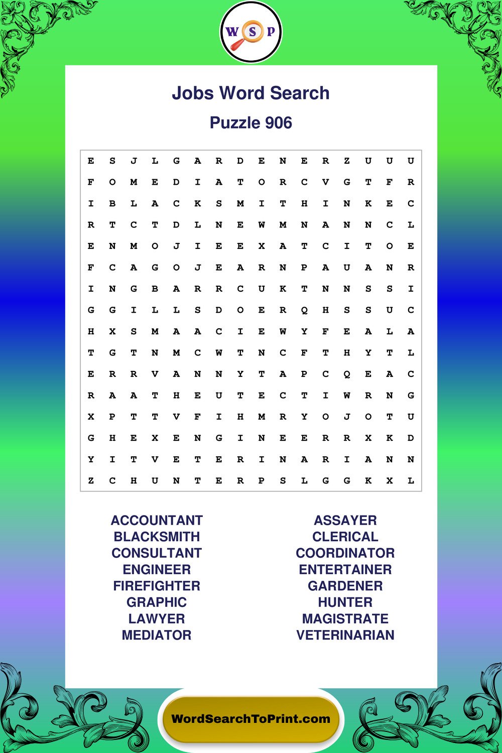 Jobs Word Search Puzzle 906