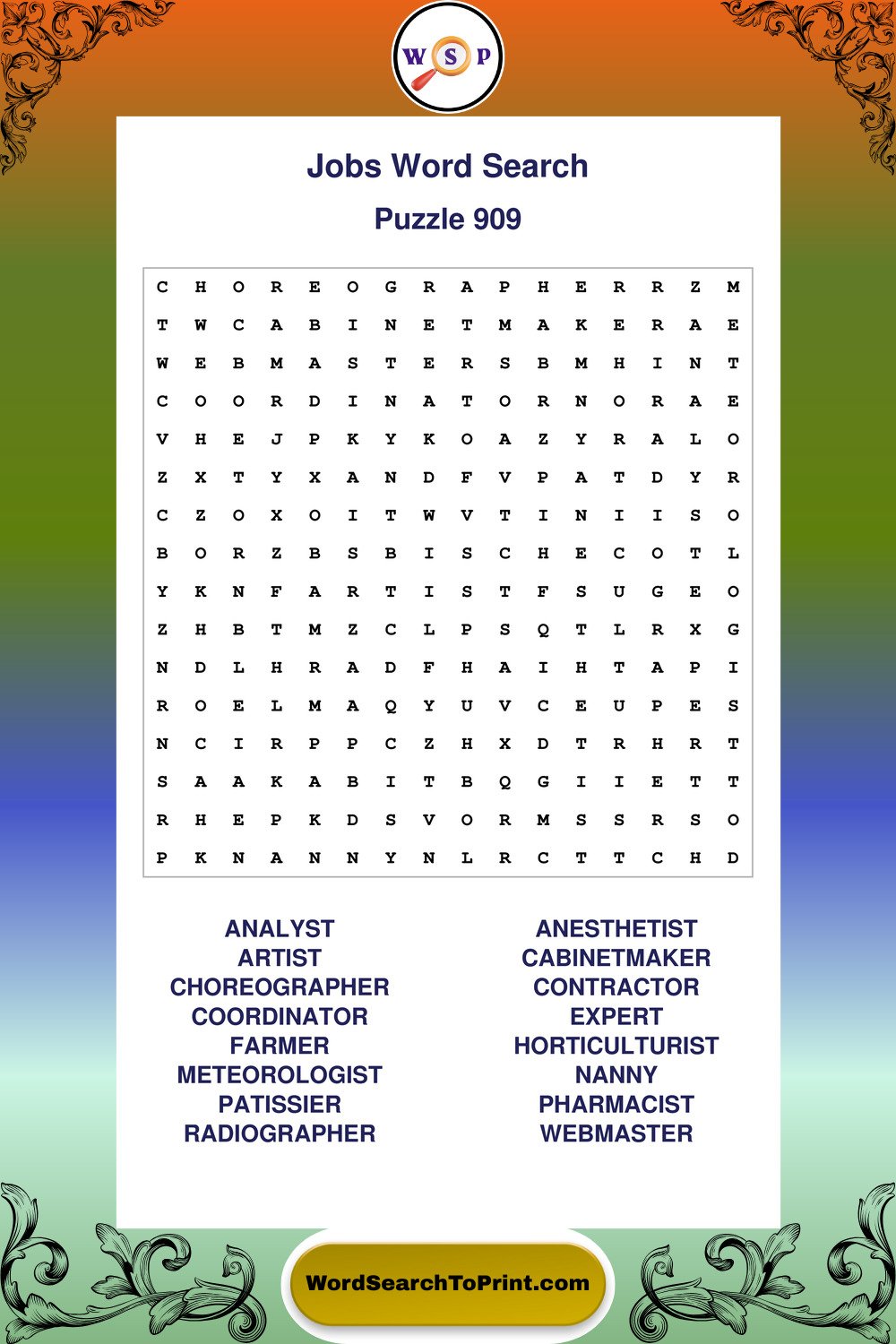 Jobs Word Search Puzzle 909