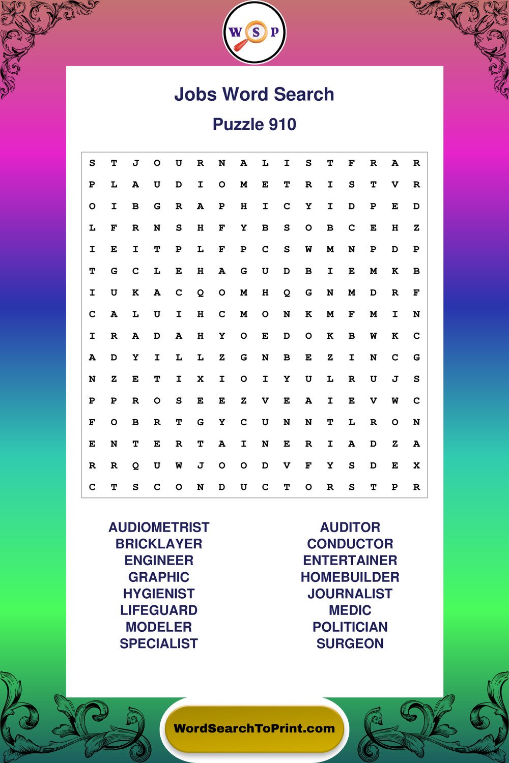 Jobs Word Search Puzzle 910
