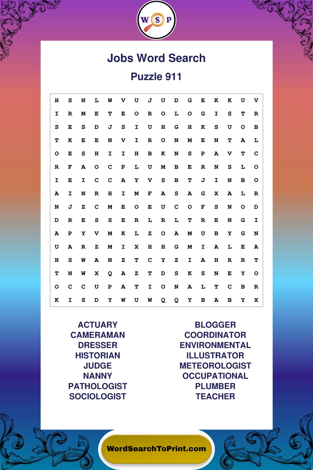 Jobs Word Search Puzzle 911
