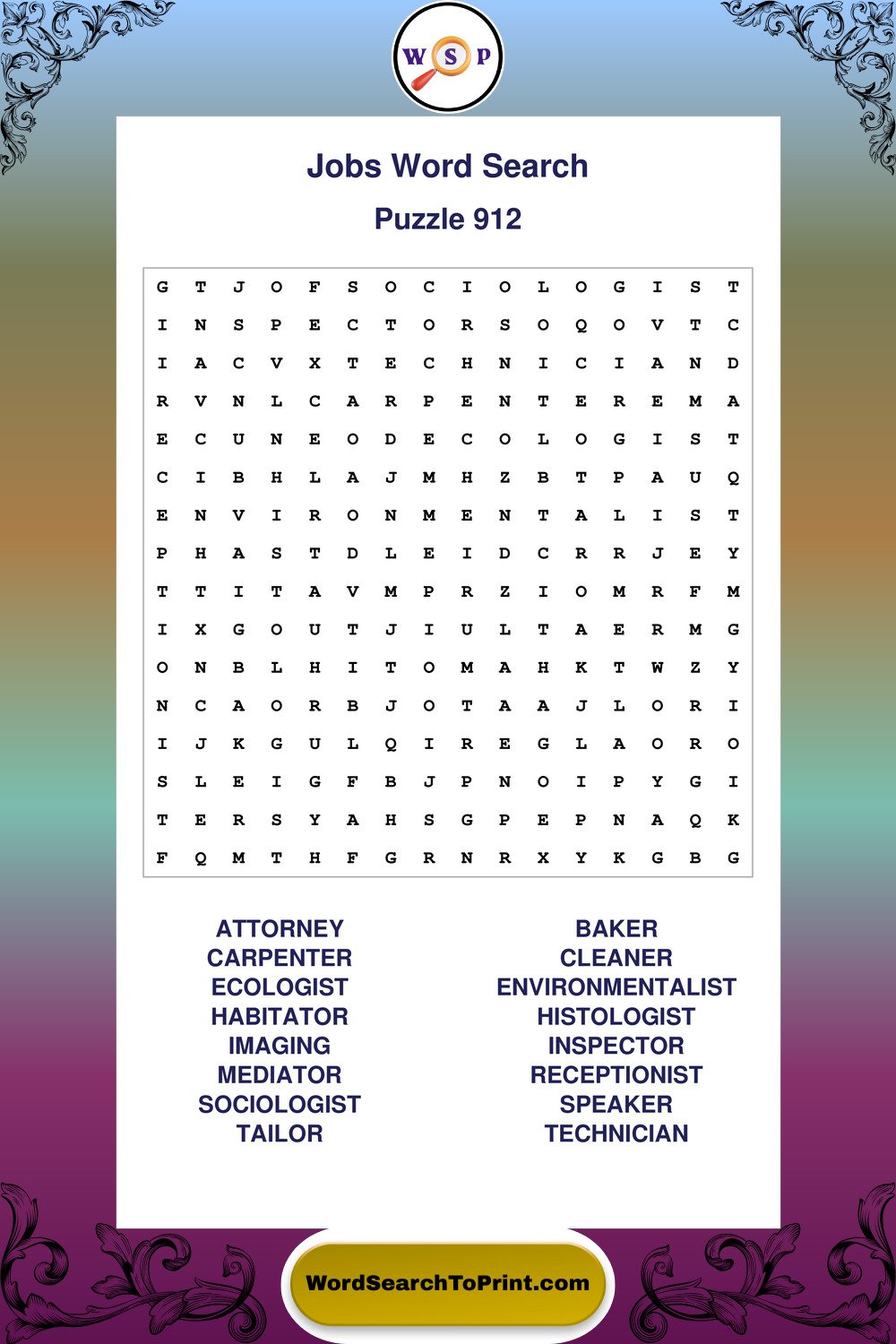 Jobs Word Search Puzzle 912