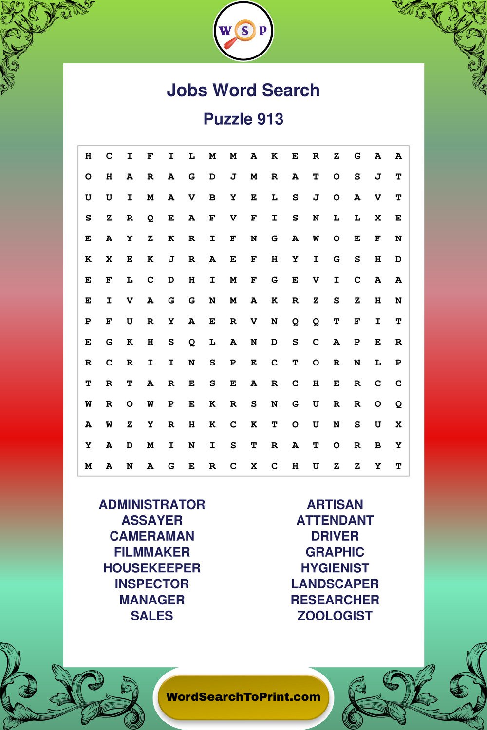 Jobs Word Search Puzzle 913