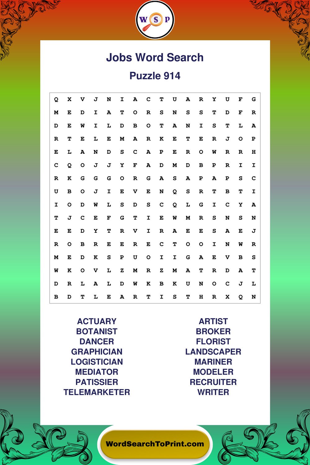 Jobs Word Search Puzzle 914