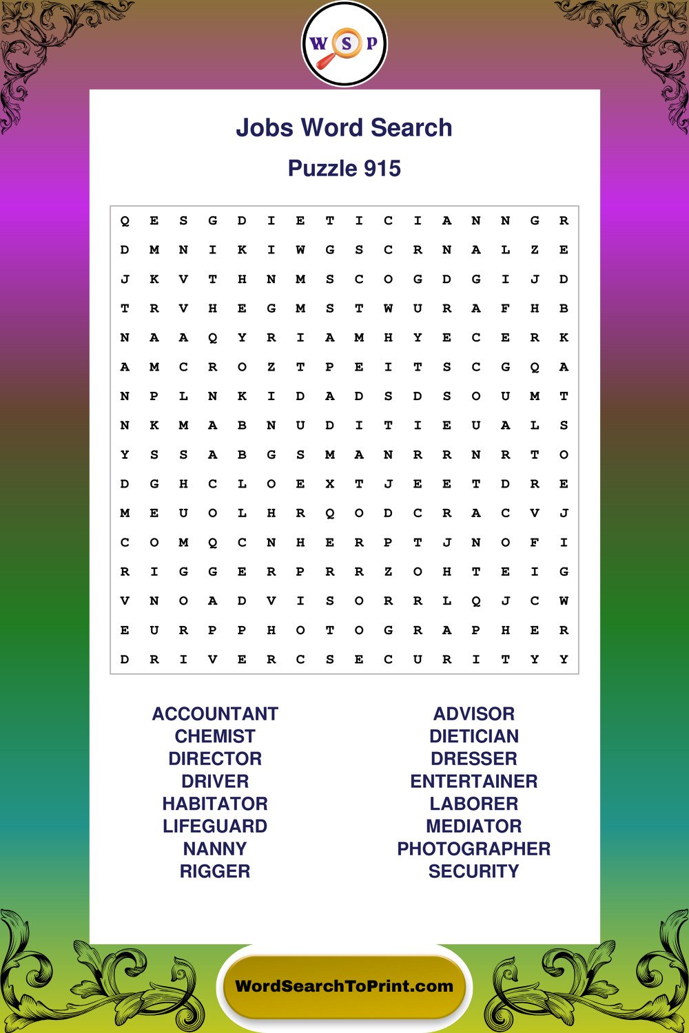 Jobs Word Search Puzzle 915