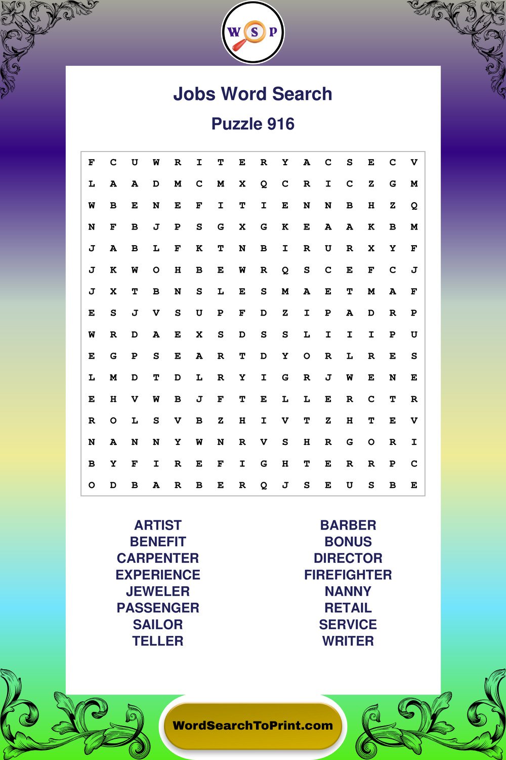 Jobs Word Search Puzzle 916