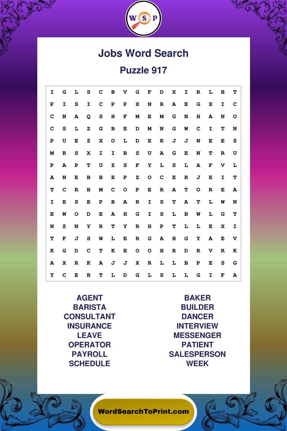 Jobs Word Search Puzzle 917