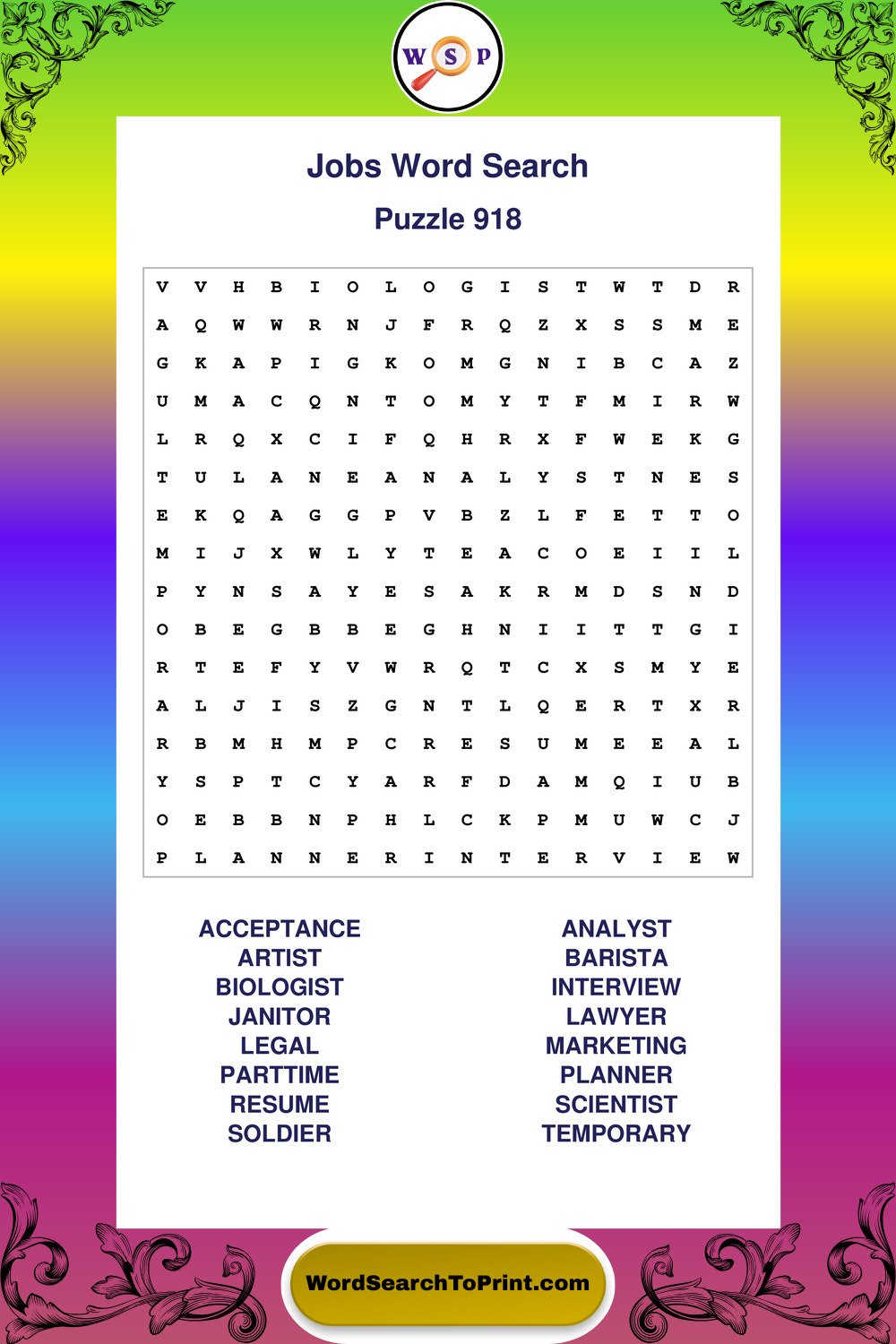 Jobs Word Search Puzzle 918