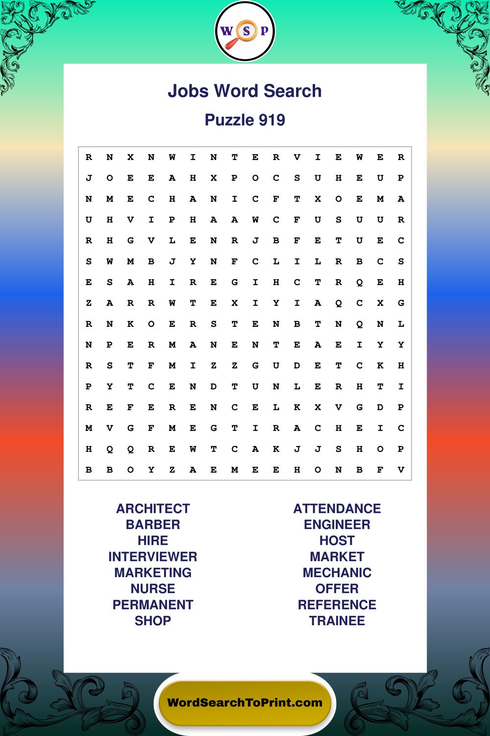 Jobs Word Search Puzzle 919