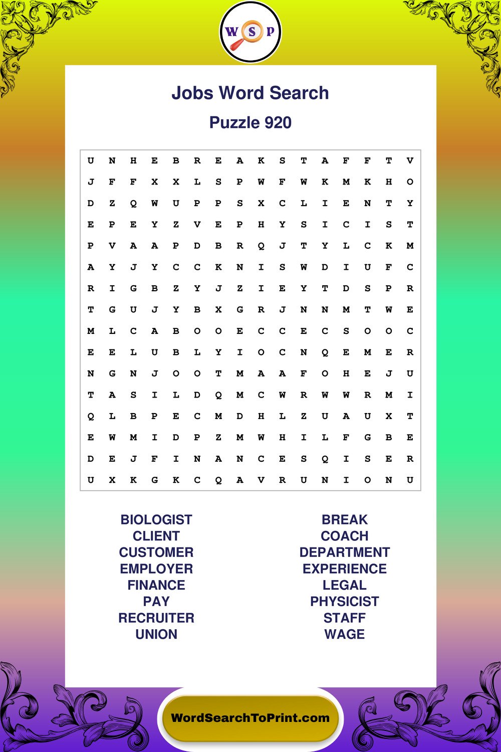 Jobs Word Search Puzzle 920
