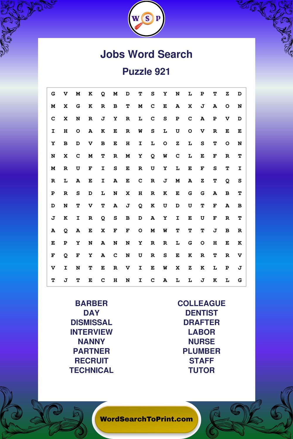 Jobs Word Search Puzzle 921