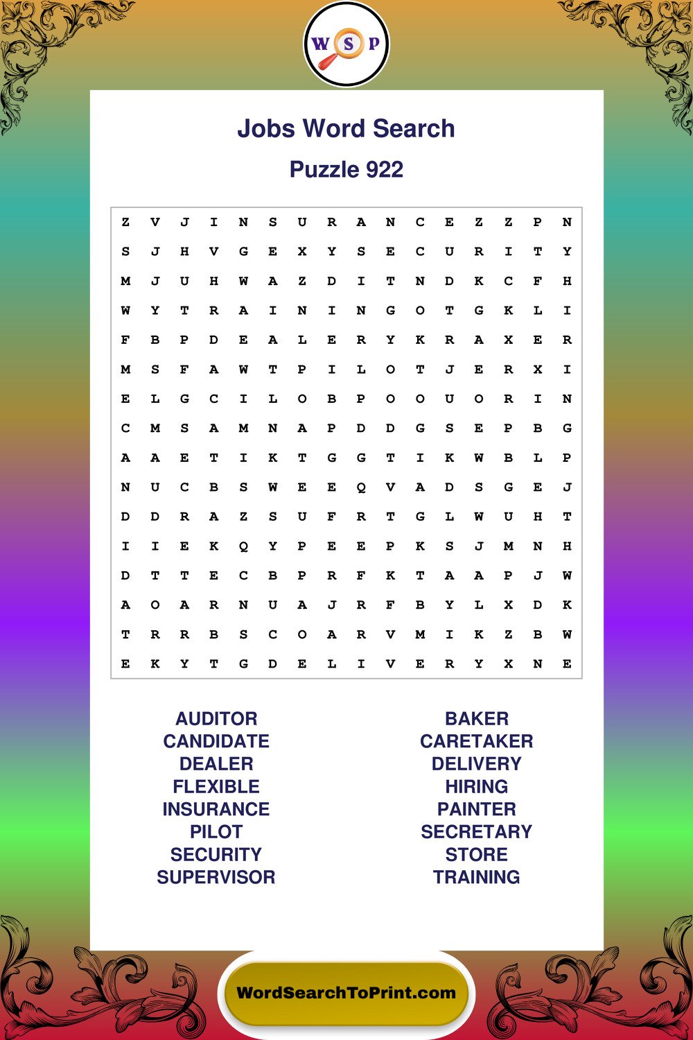 Jobs Word Search Puzzle 922