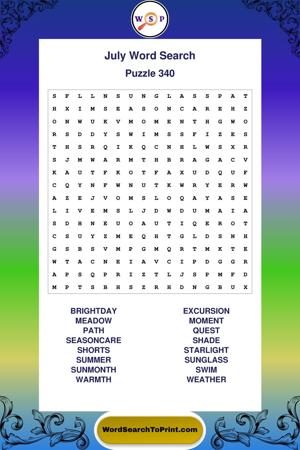 July Word Search Puzzle 340