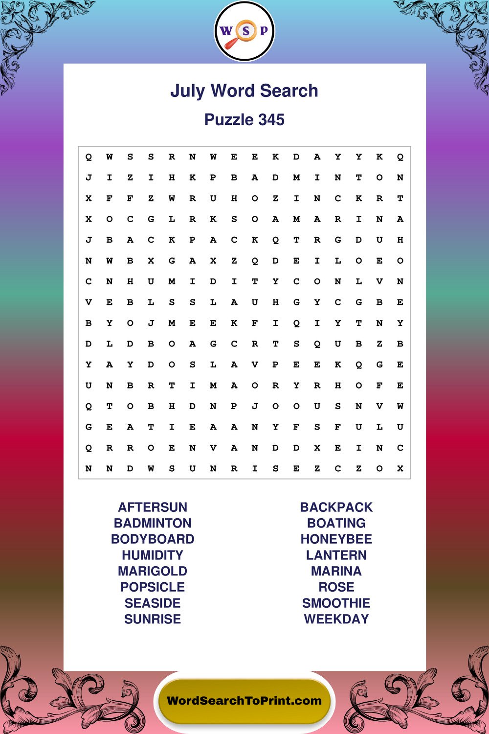 July Word Search Puzzle 345