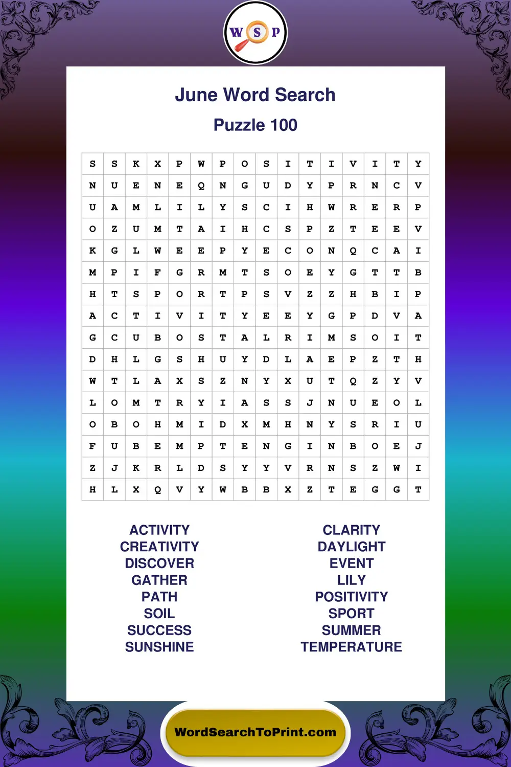 June Word Search Puzzle 100