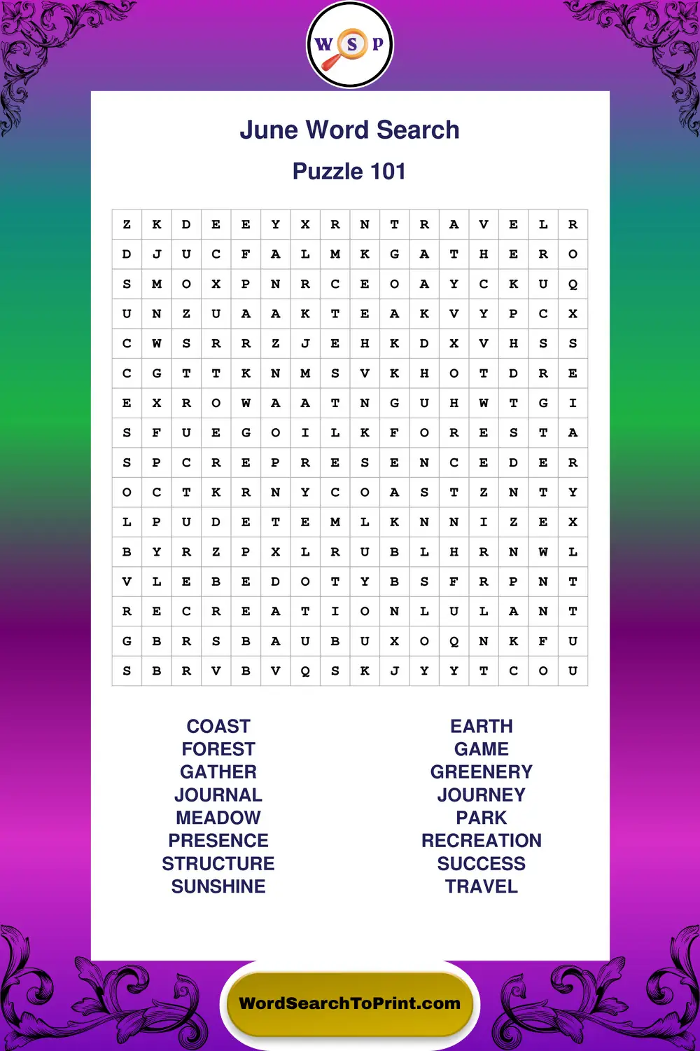 June Word Search Puzzle 101