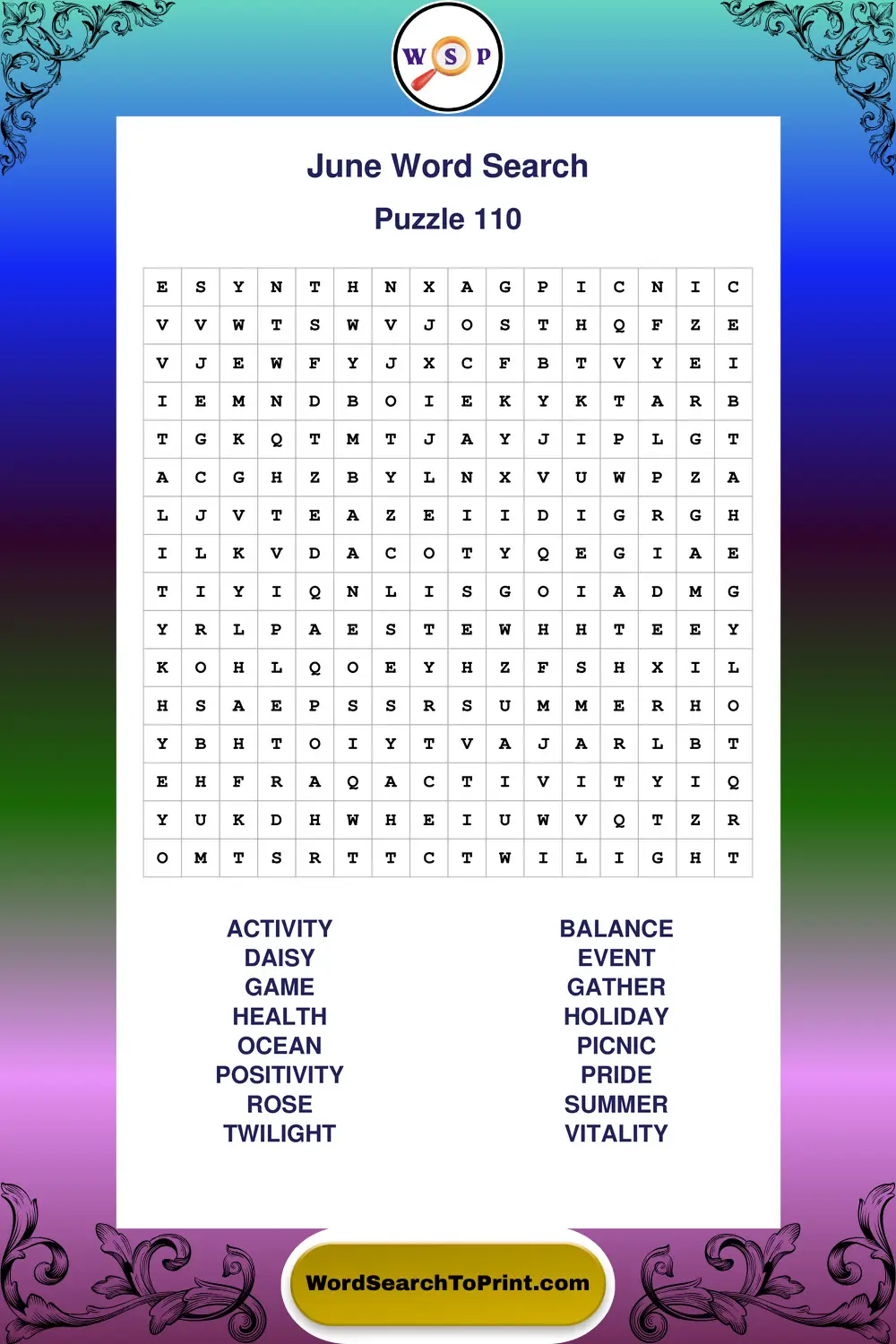 June Word Search Puzzle 110
