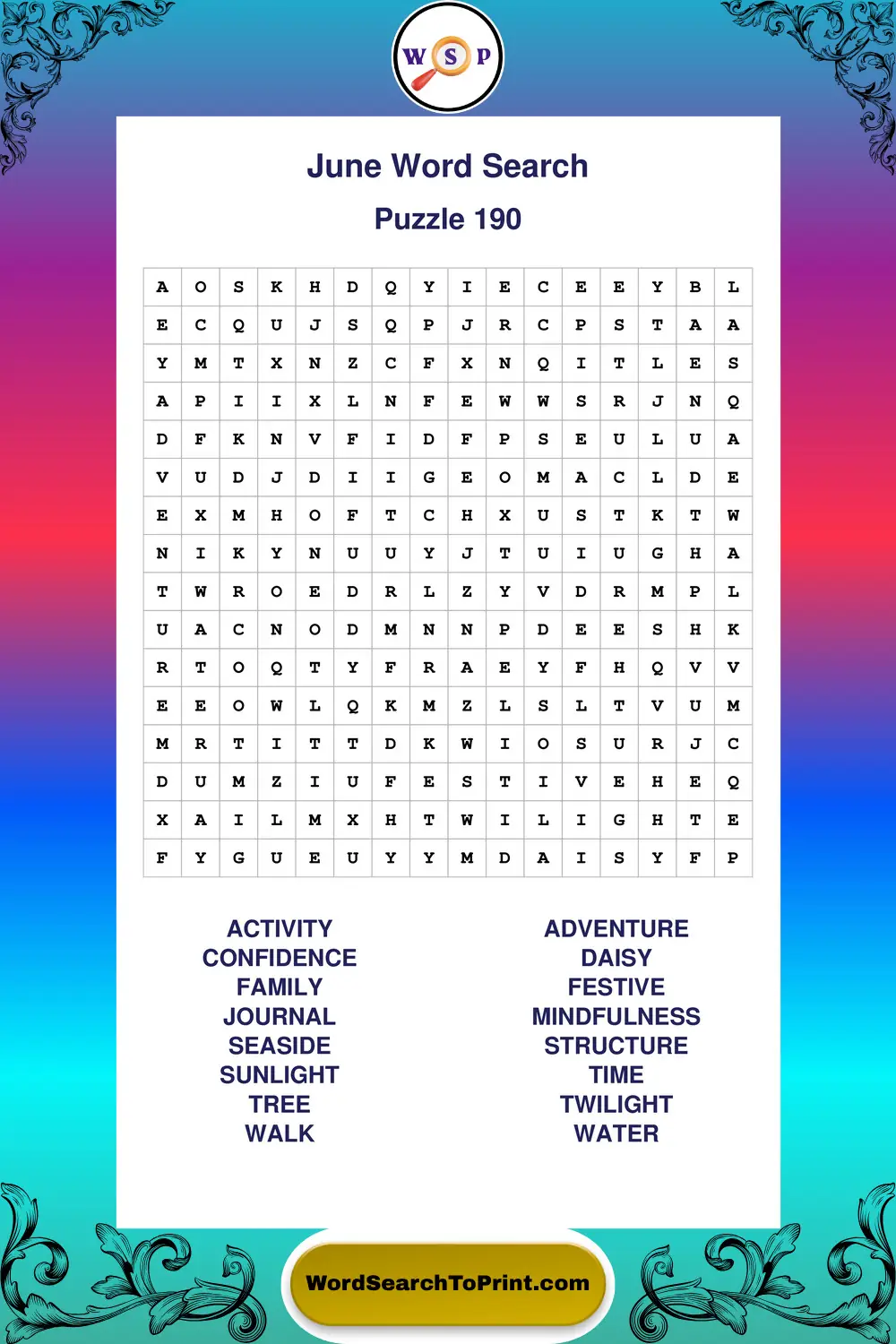 June Word Search Puzzle 190