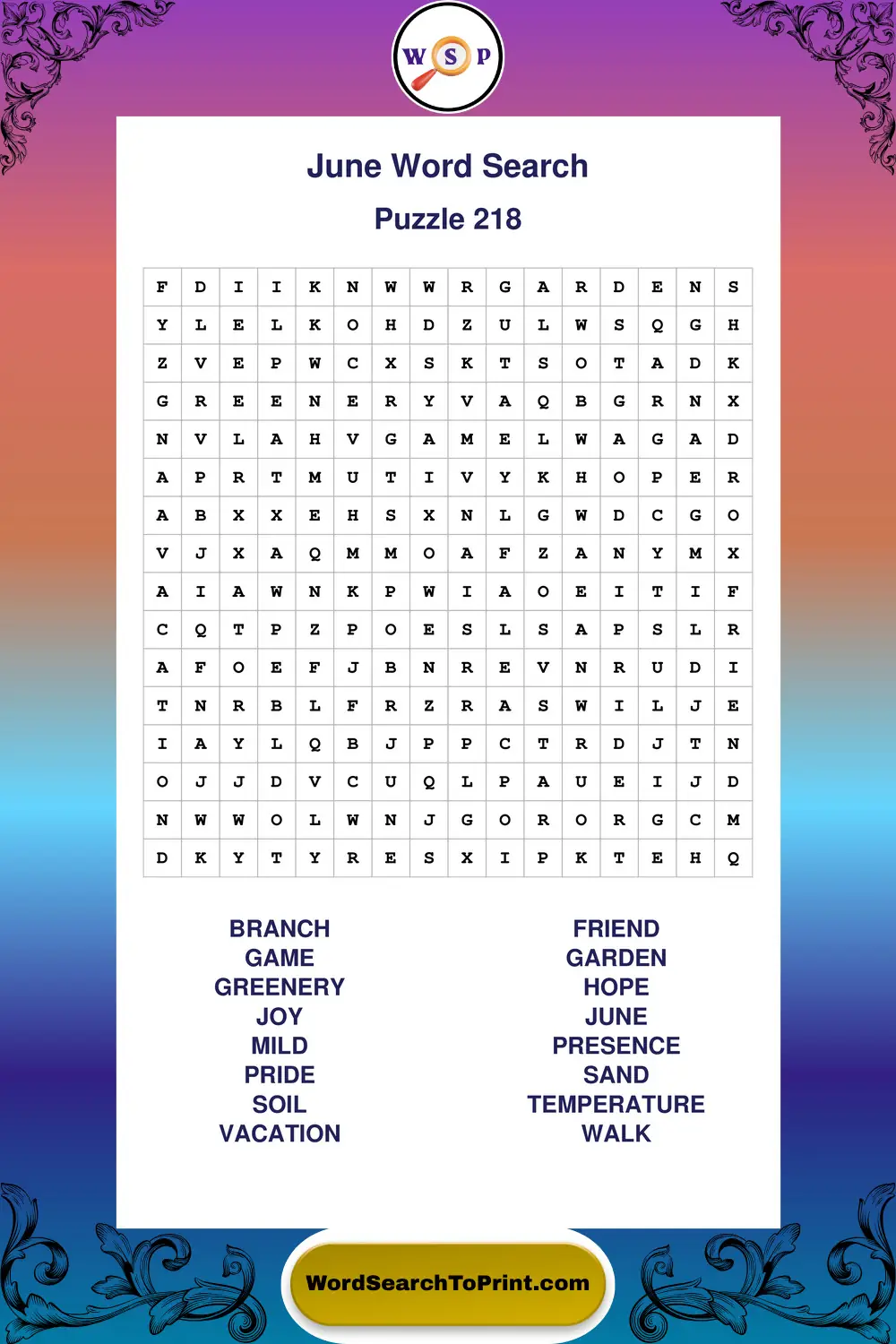 June Word Search Puzzle 218