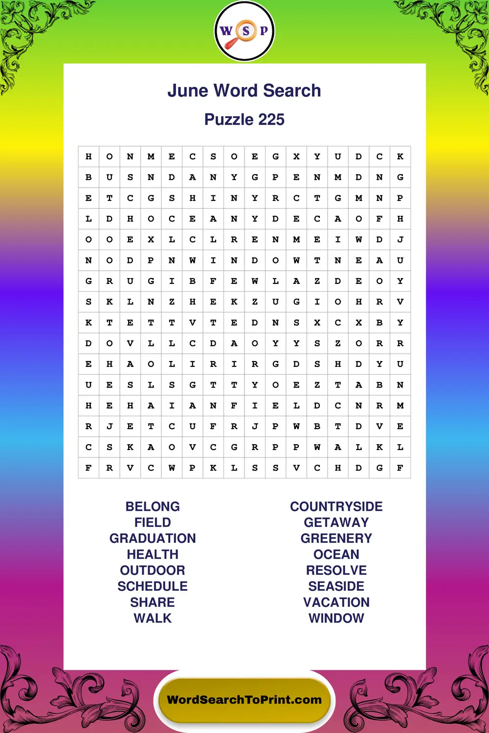 June Word Search Puzzle 225