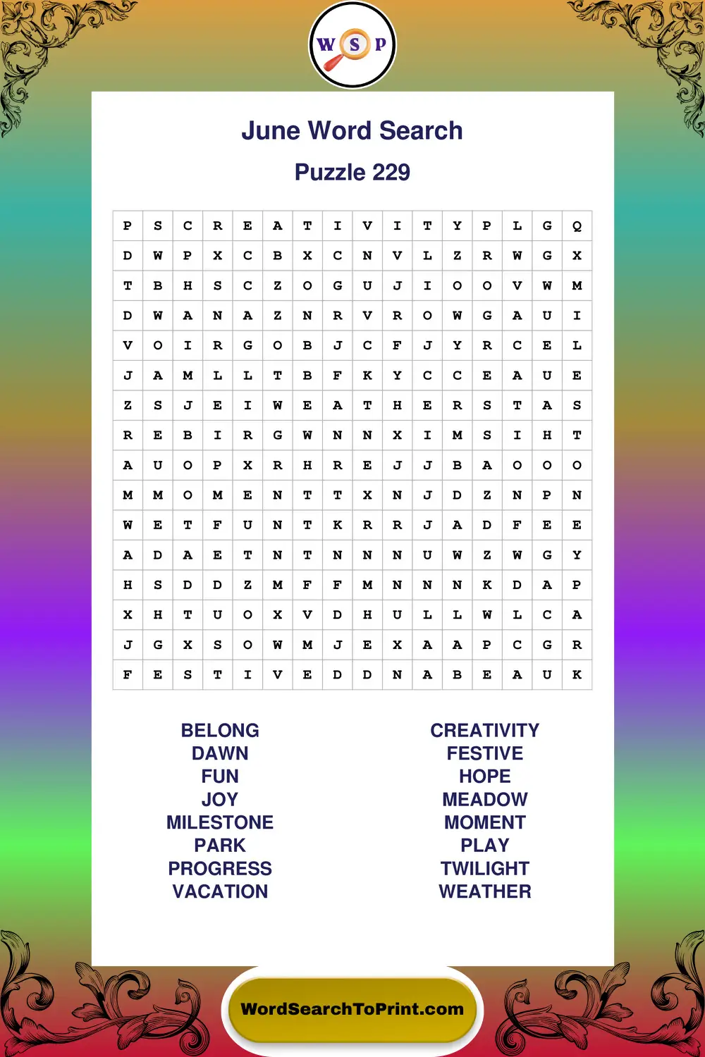 June Word Search Puzzle 229