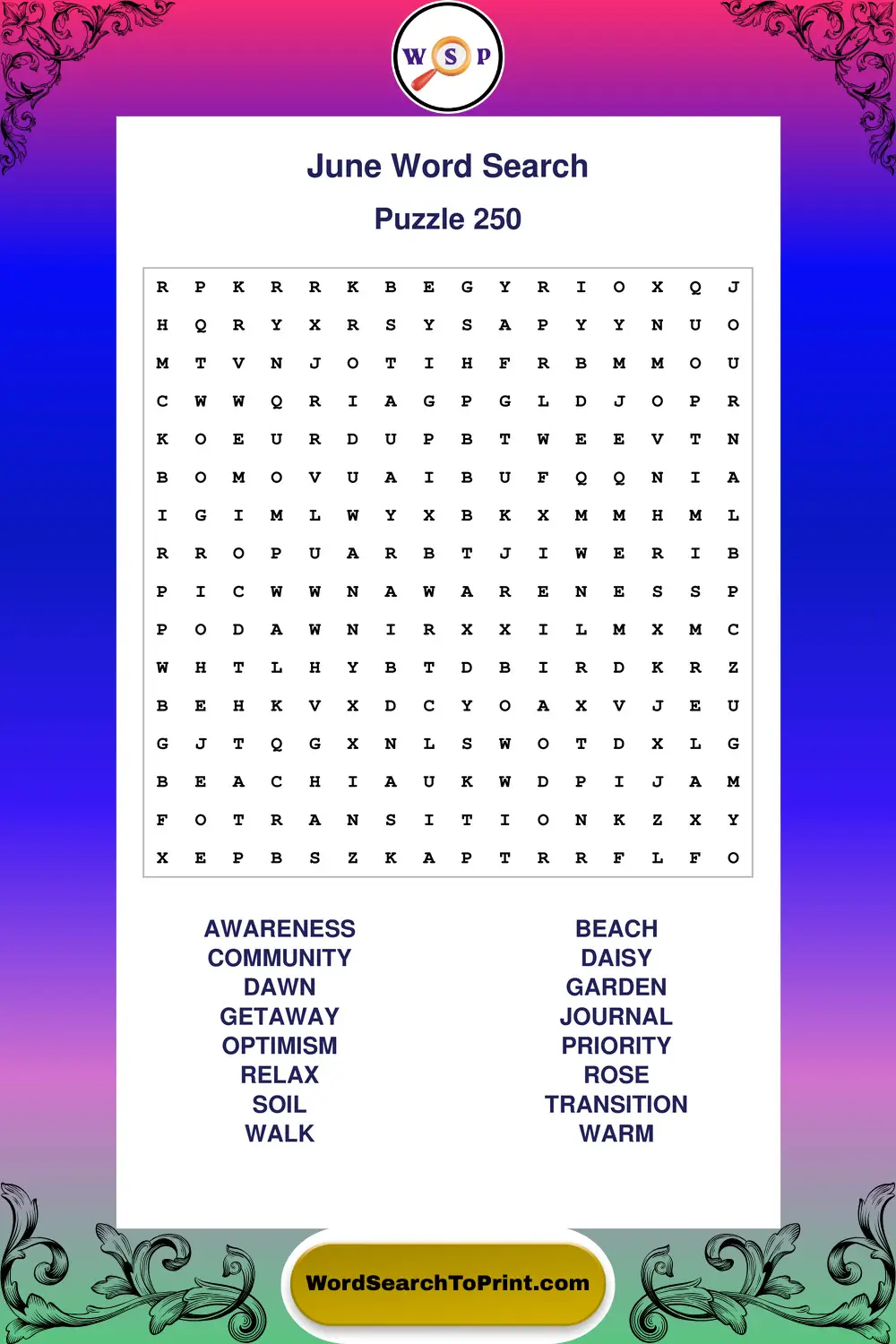 June Word Search Puzzle 250