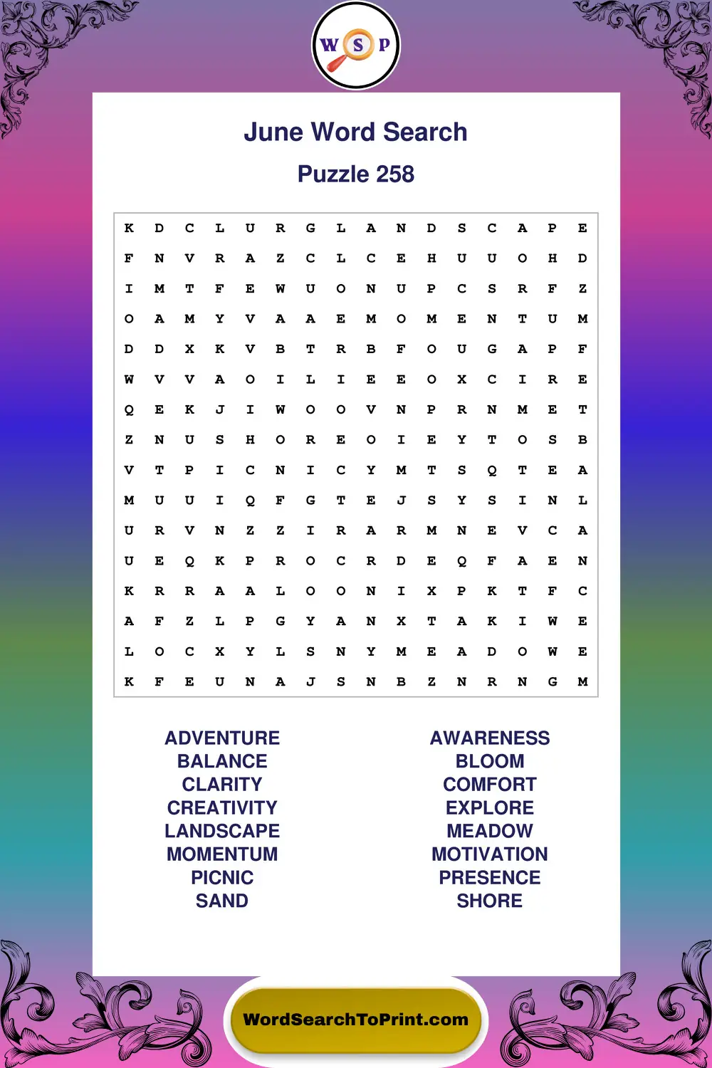 June Word Search Puzzle 258