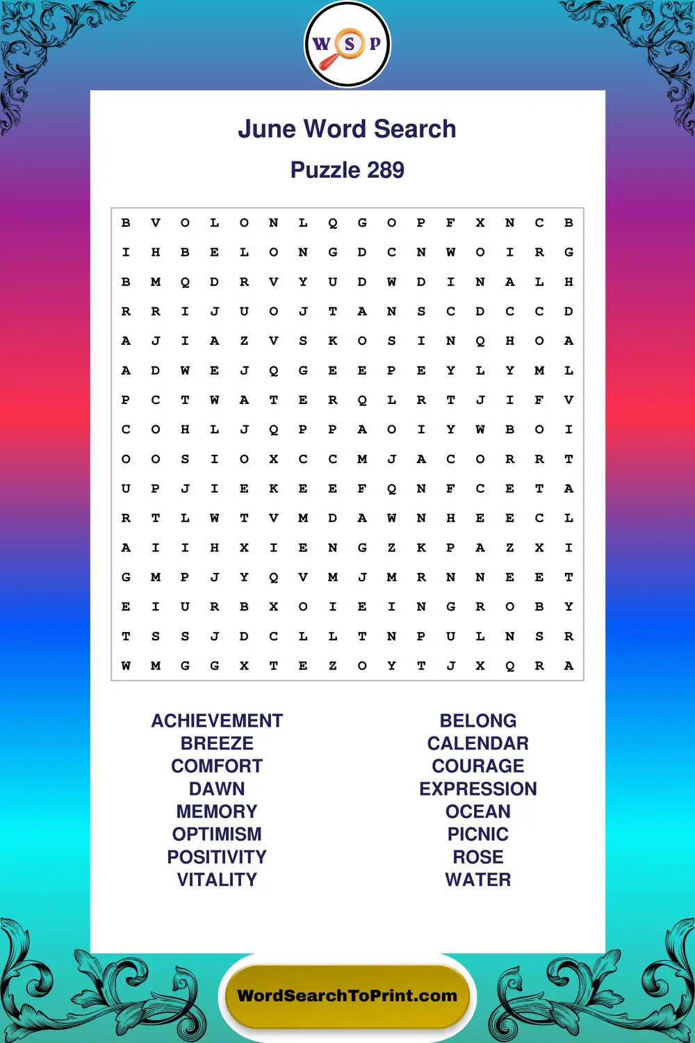 June Word Search Puzzle 289