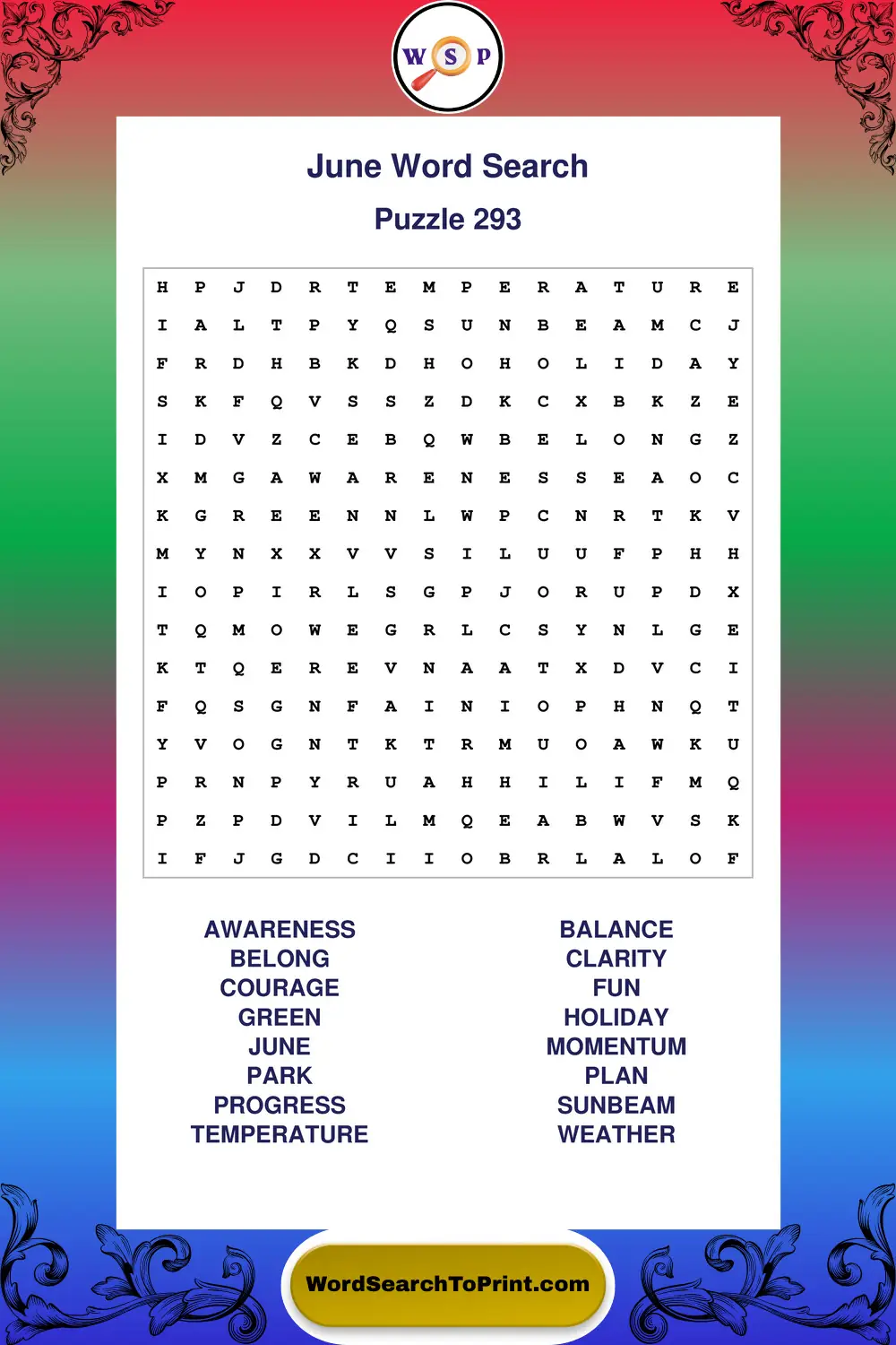 June Word Search Puzzle 293