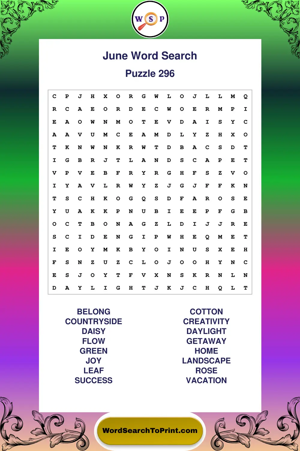 June Word Search Puzzle 296