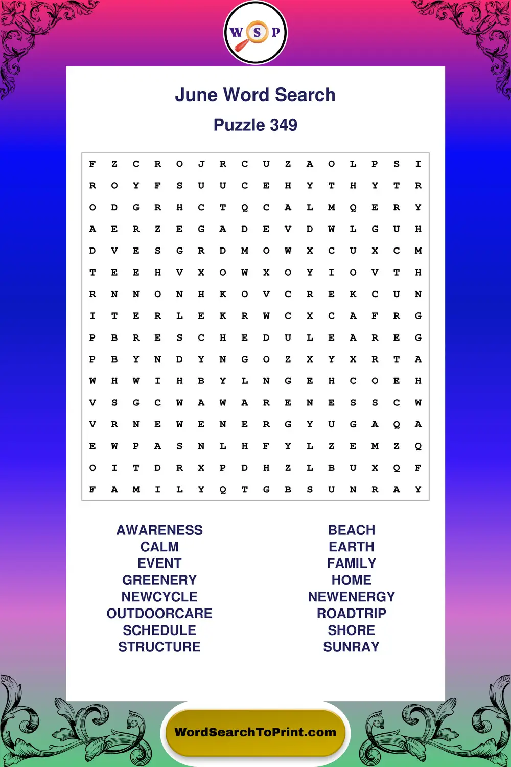 June Word Search Puzzle 349