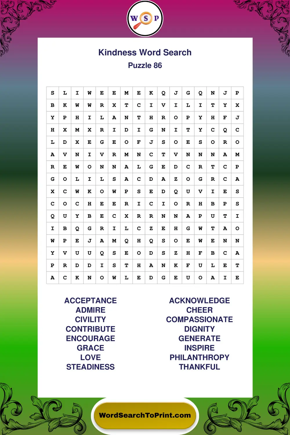 Kindness Word Search Puzzle 86