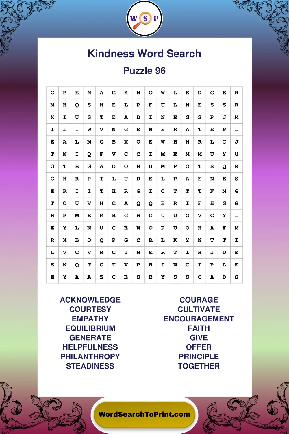 Kindness Word Search Puzzle 96