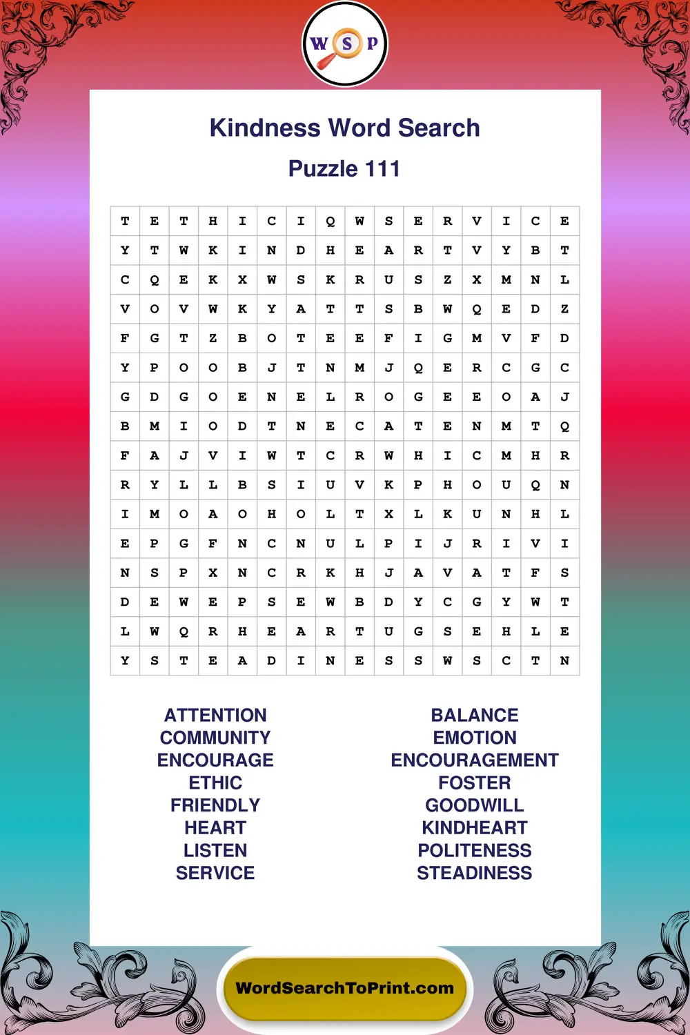 Kindness Word Search Puzzle 111