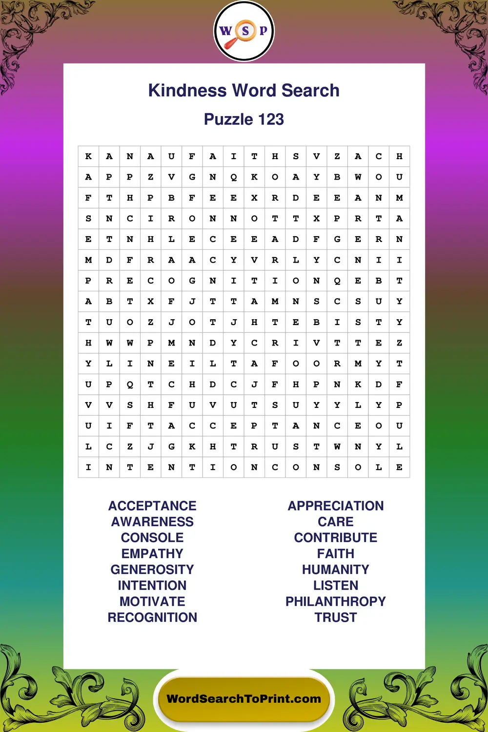 Kindness Word Search Puzzle 123