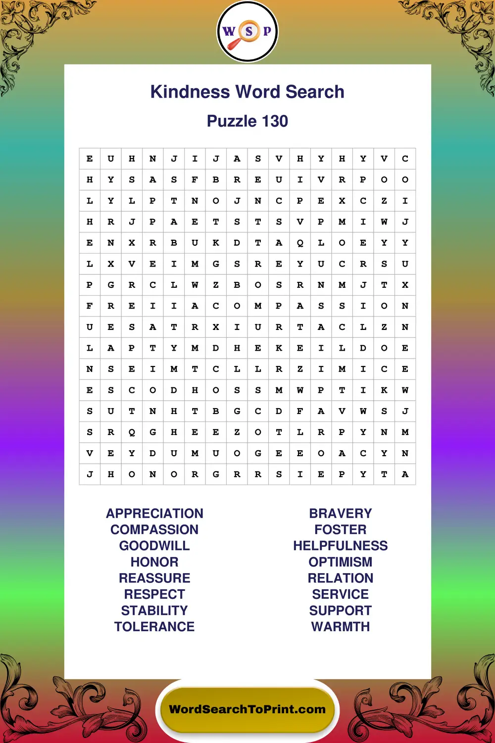 Kindness Word Search Puzzle 130