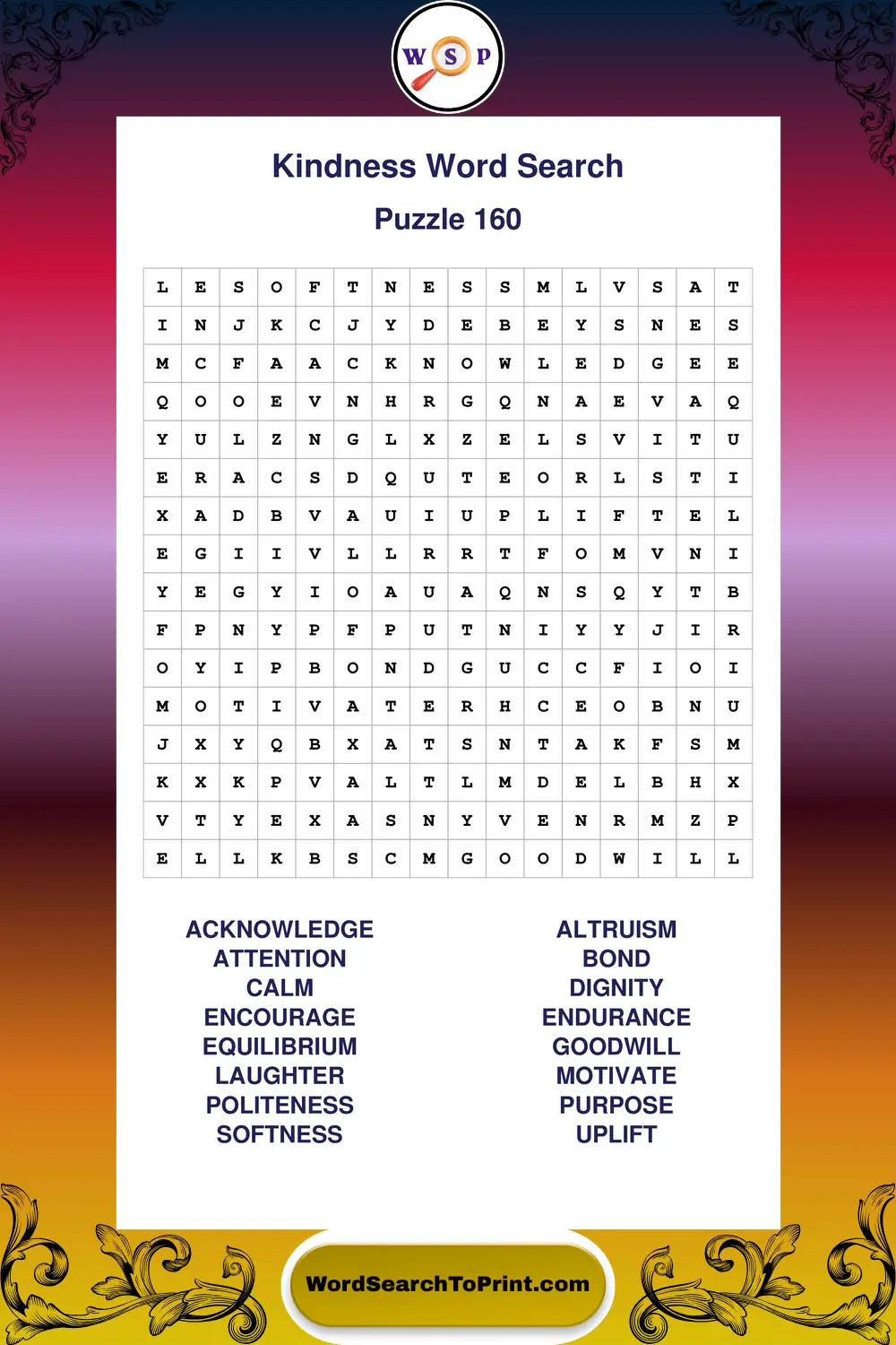 Kindness Word Search Puzzle 160