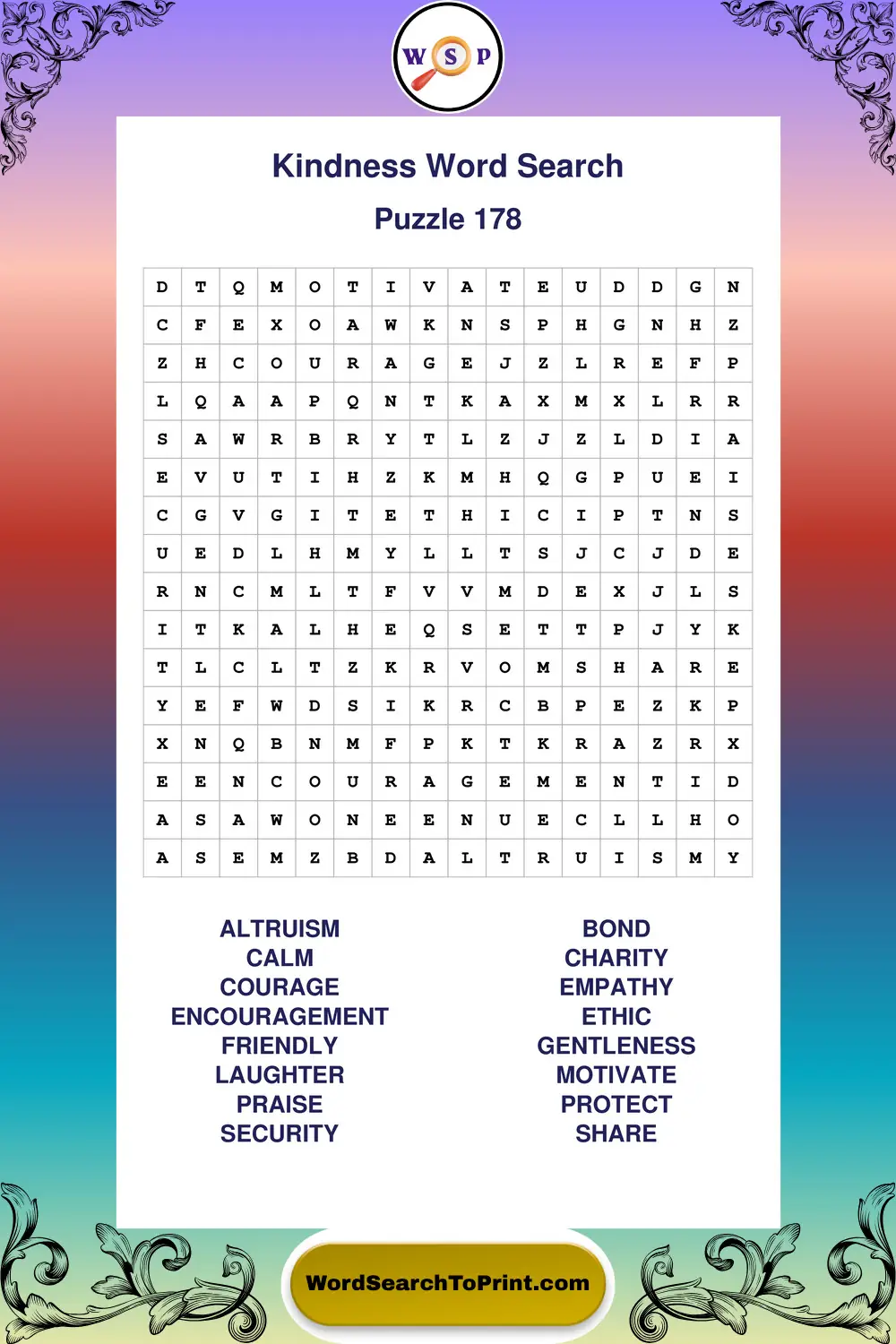 Kindness Word Search Puzzle 178