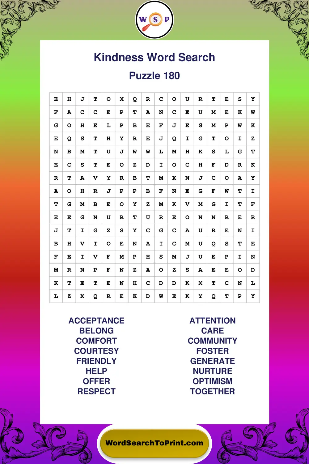 Kindness Word Search Puzzle 180