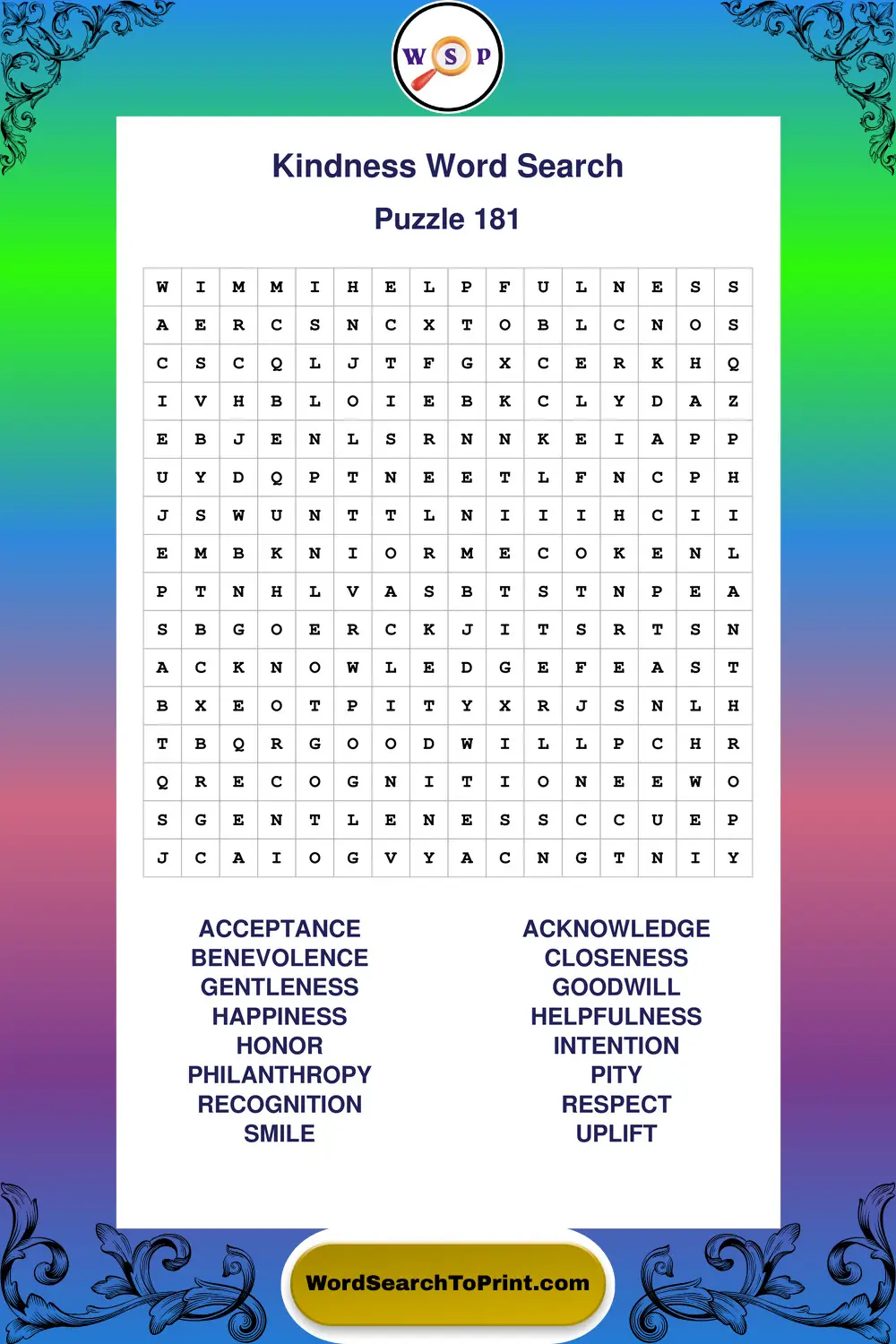 Kindness Word Search Puzzle 181