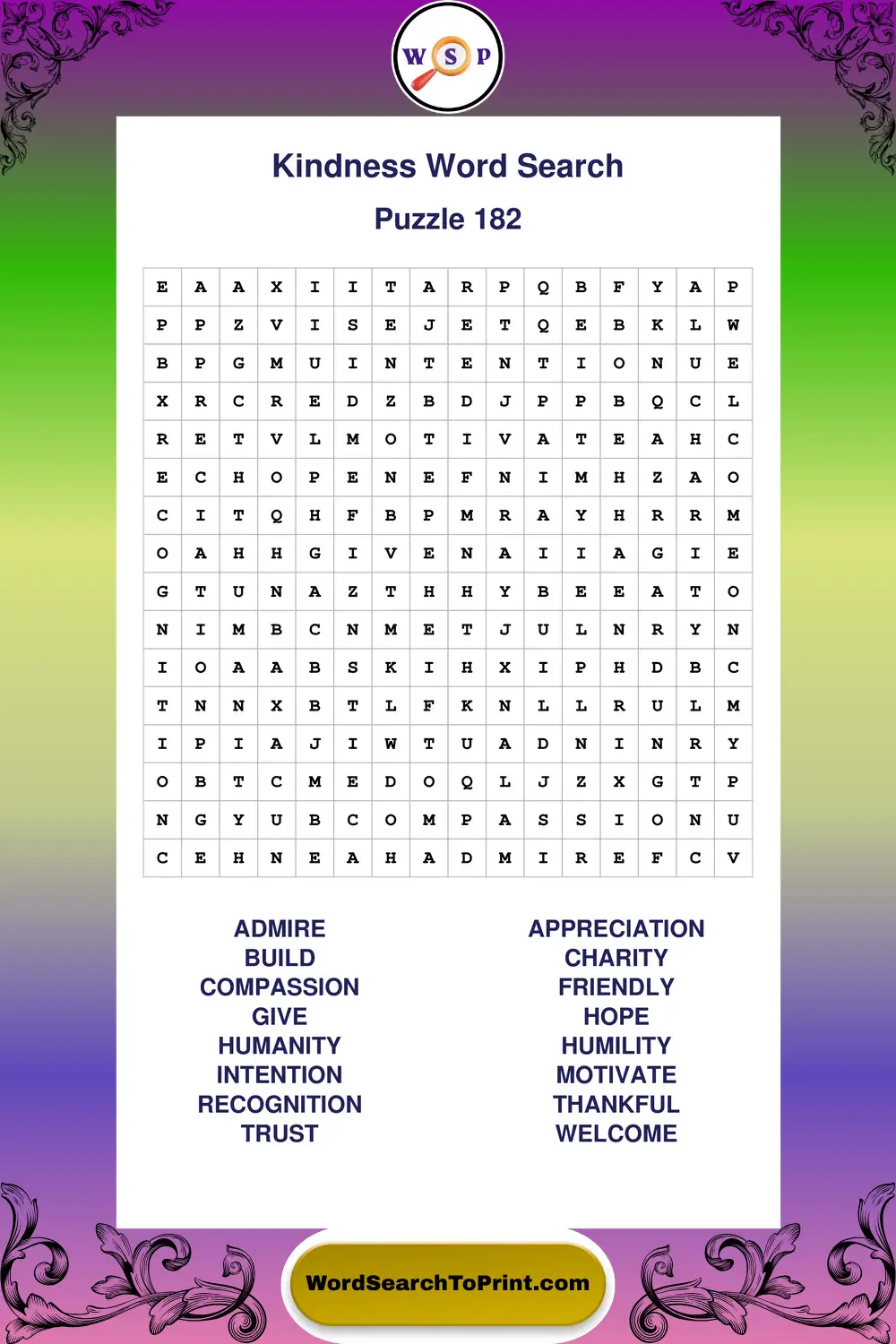 Kindness Word Search Puzzle 182