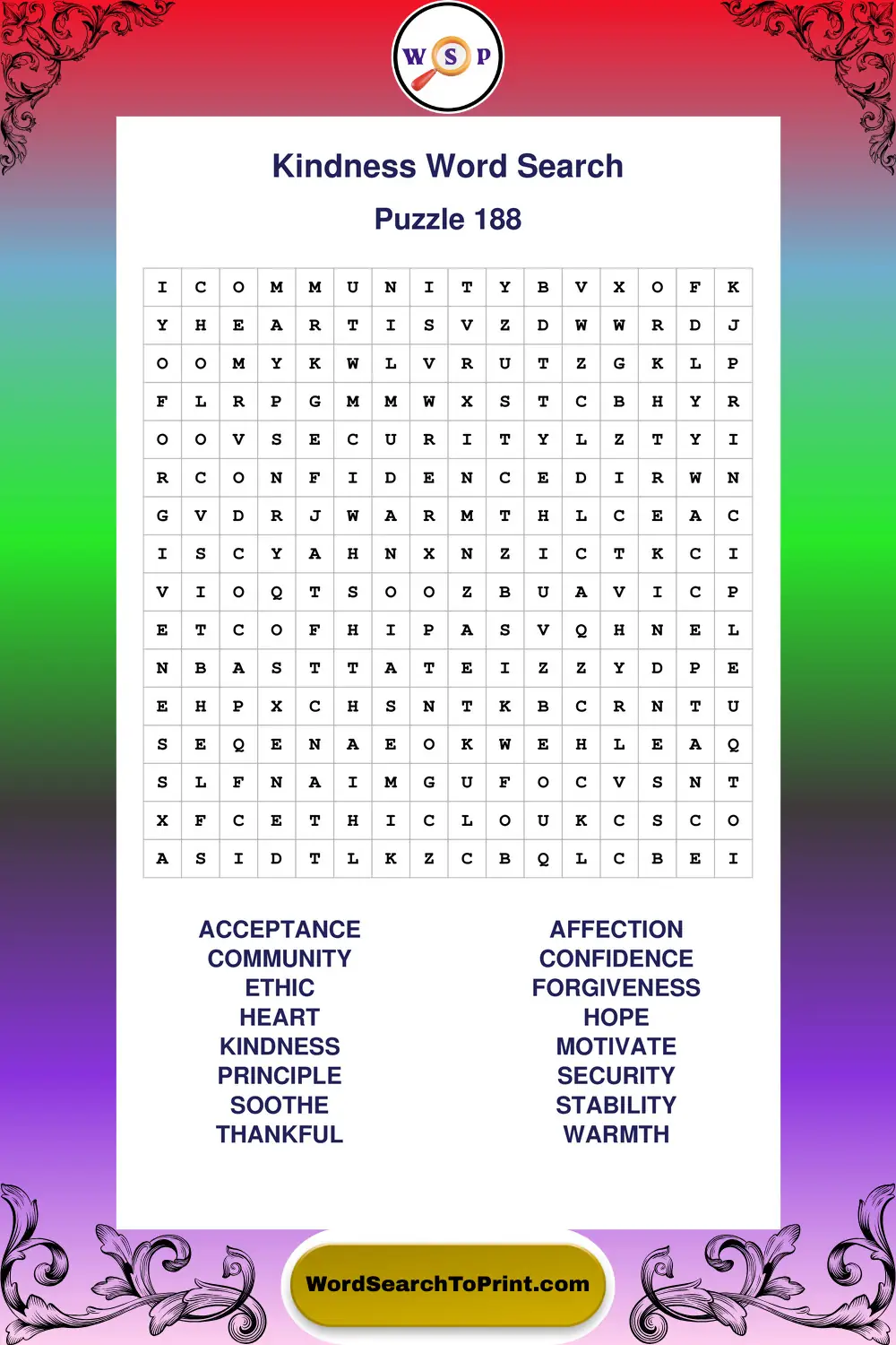Kindness Word Search Puzzle 188