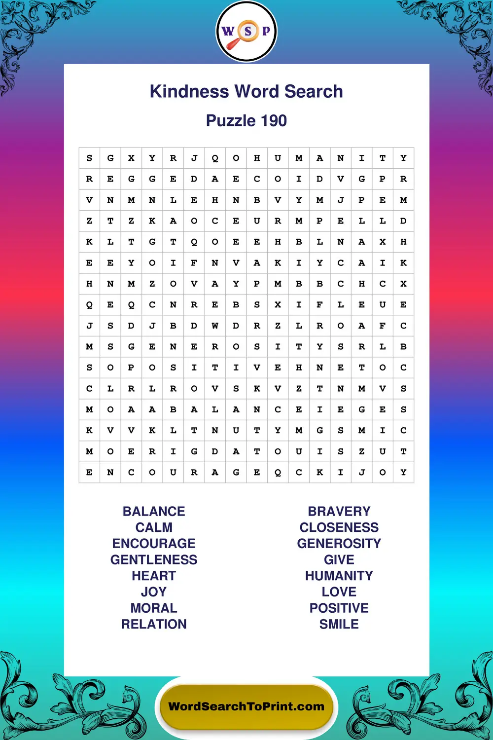 Kindness Word Search Puzzle 190