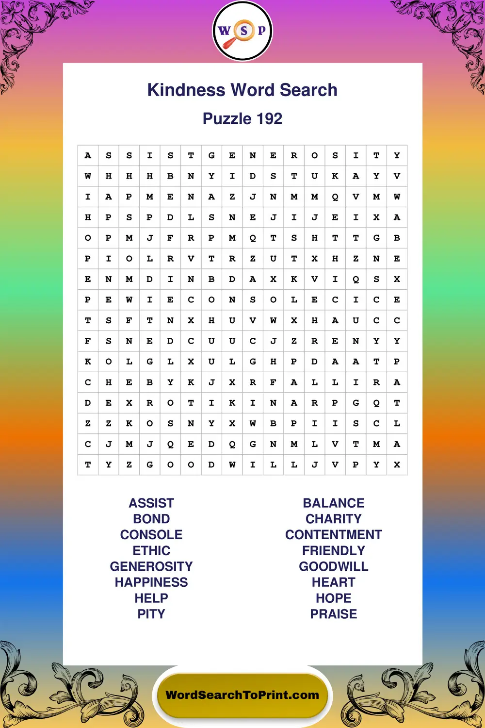 Kindness Word Search Puzzle 192